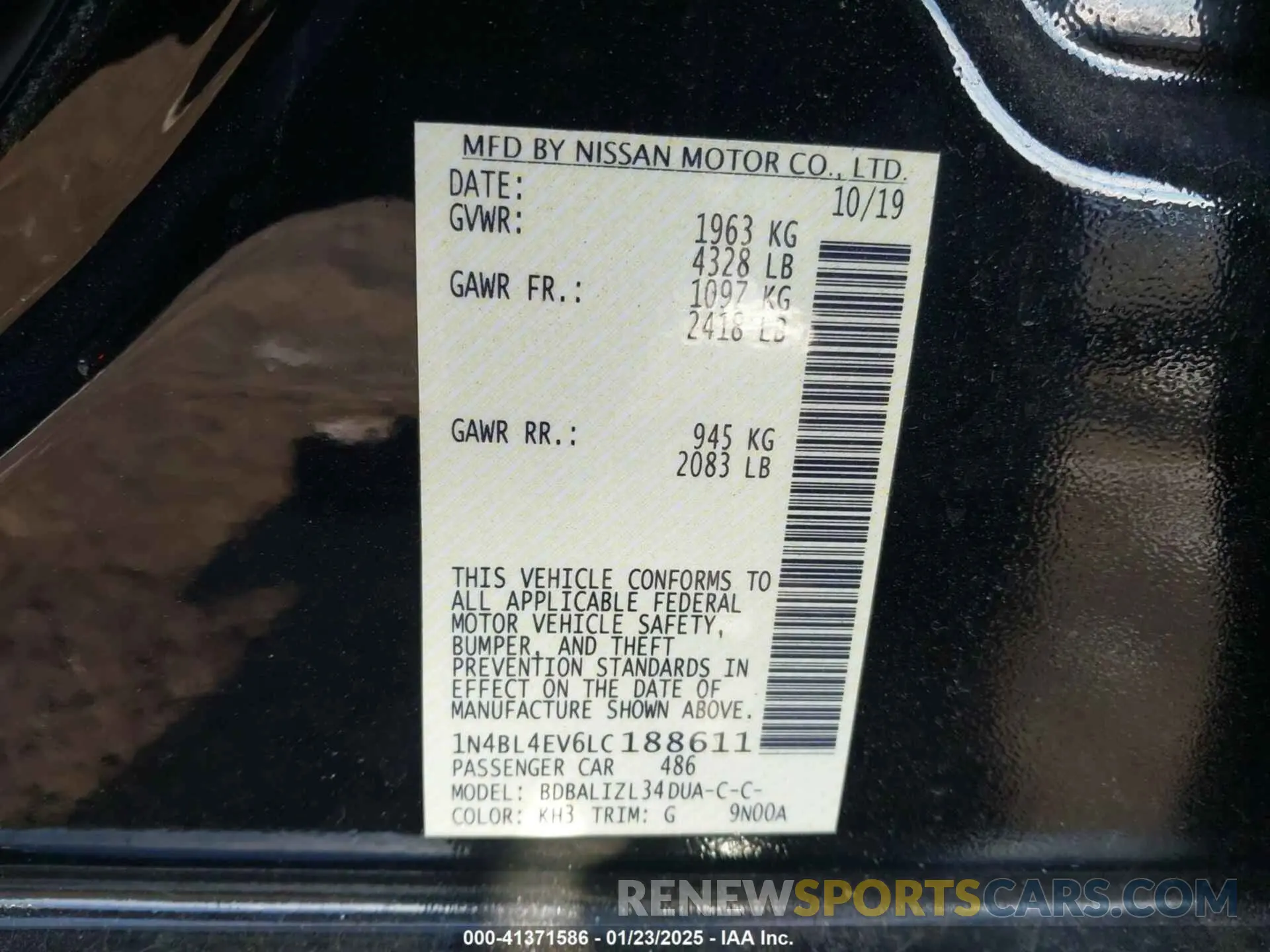 9 Photograph of a damaged car 1N4BL4EV6LC188611 NISSAN ALTIMA 2020