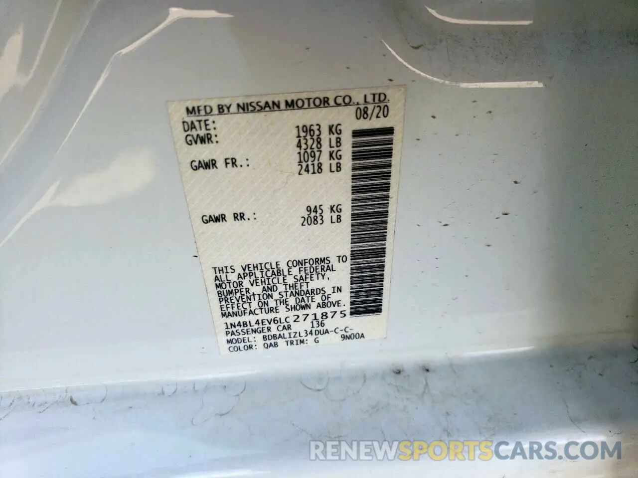 13 Photograph of a damaged car 1N4BL4EV6LC271875 NISSAN ALTIMA 2020