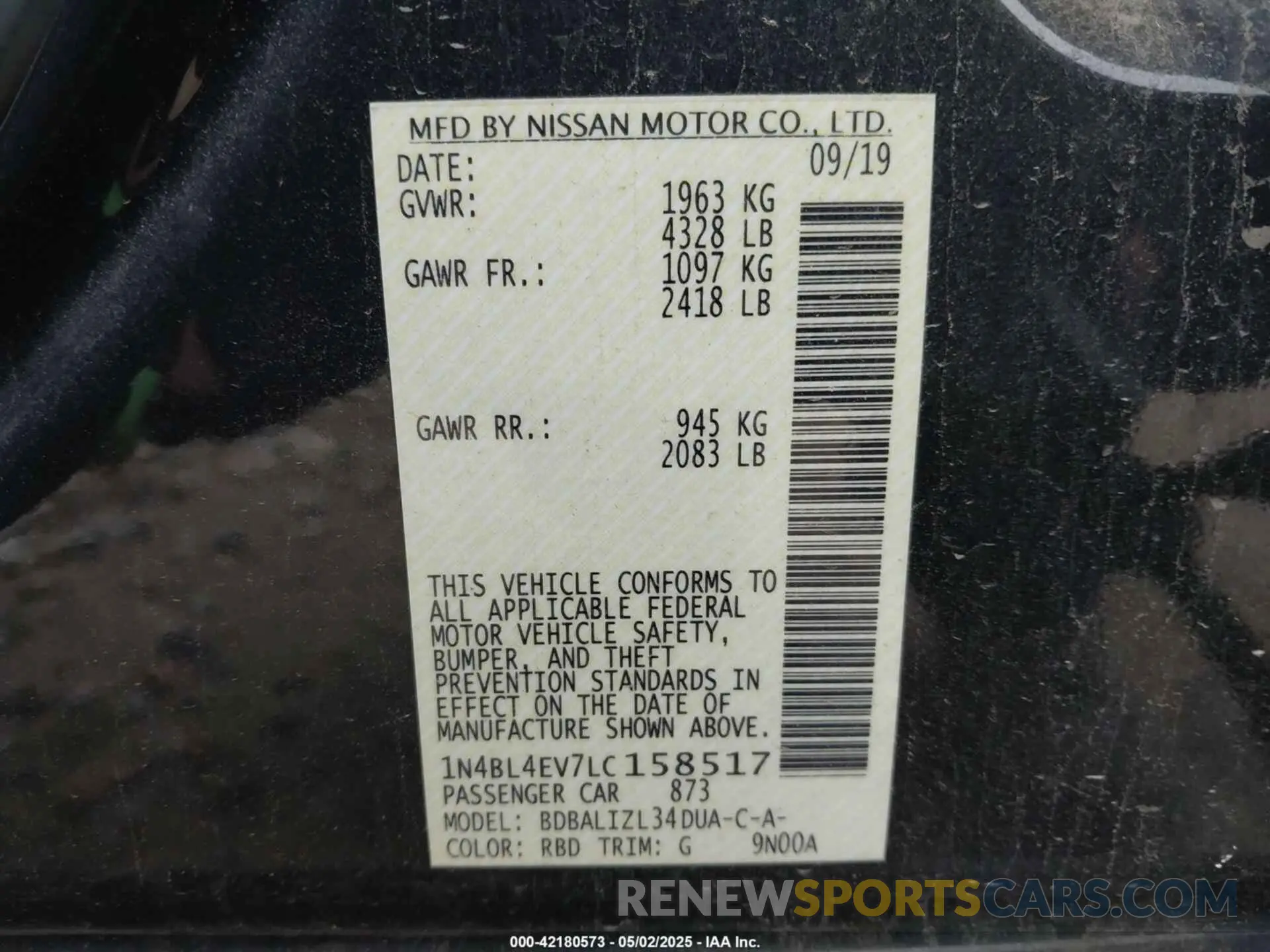 9 Photograph of a damaged car 1N4BL4EV7LC158517 NISSAN ALTIMA 2020