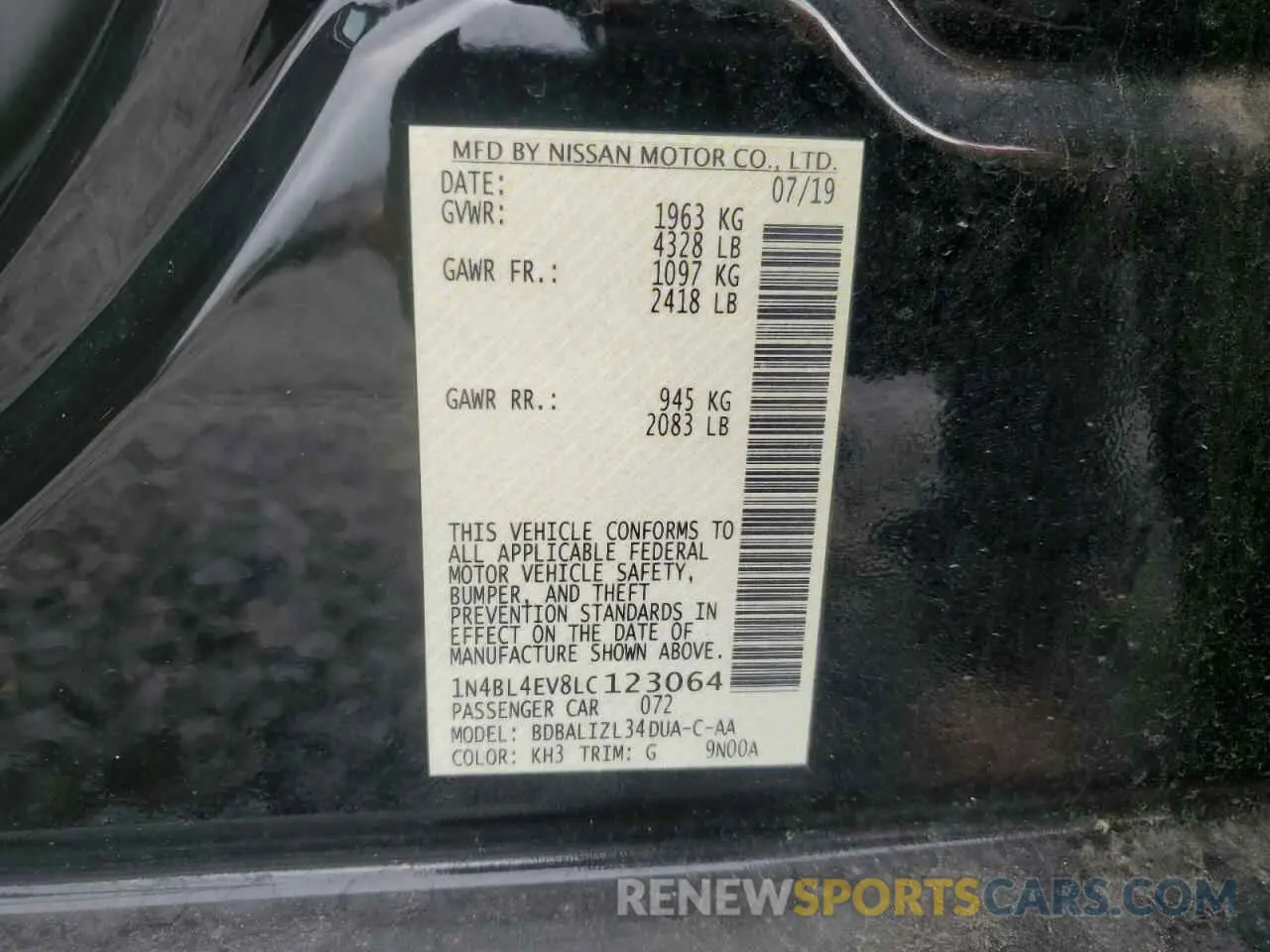 12 Photograph of a damaged car 1N4BL4EV8LC123064 NISSAN ALTIMA 2020