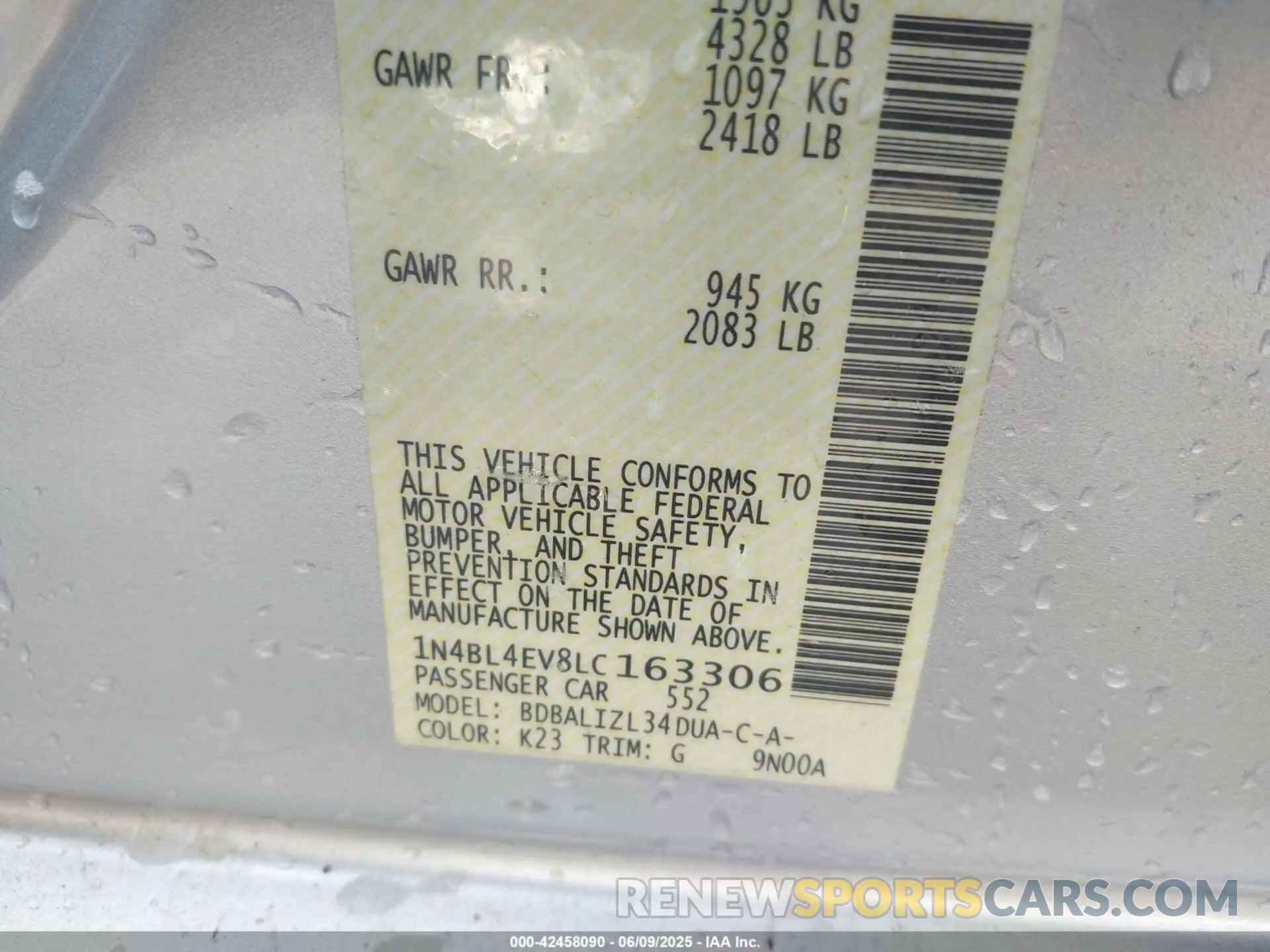 9 Photograph of a damaged car 1N4BL4EV8LC163306 NISSAN ALTIMA 2020