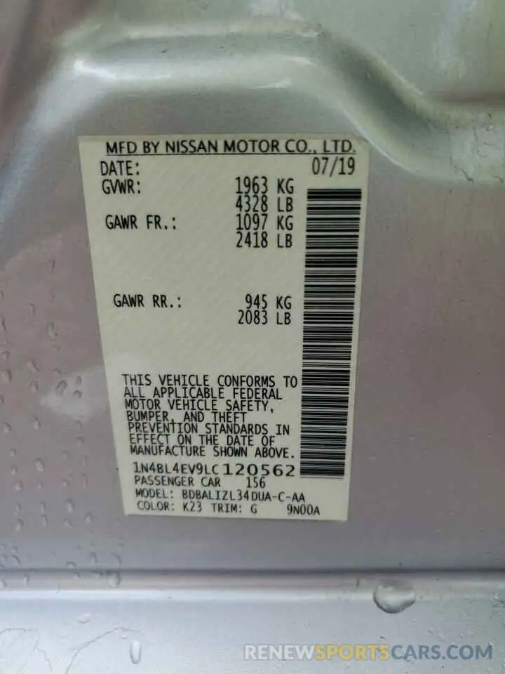 12 Photograph of a damaged car 1N4BL4EV9LC120562 NISSAN ALTIMA 2020