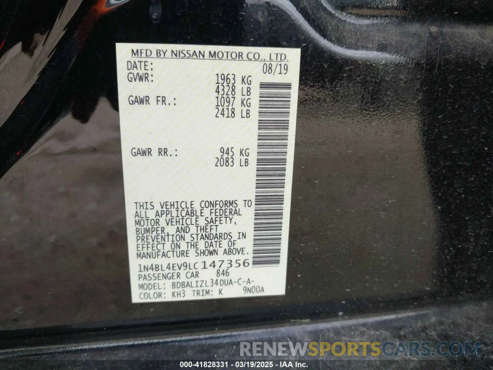 9 Photograph of a damaged car 1N4BL4EV9LC147356 NISSAN ALTIMA 2020