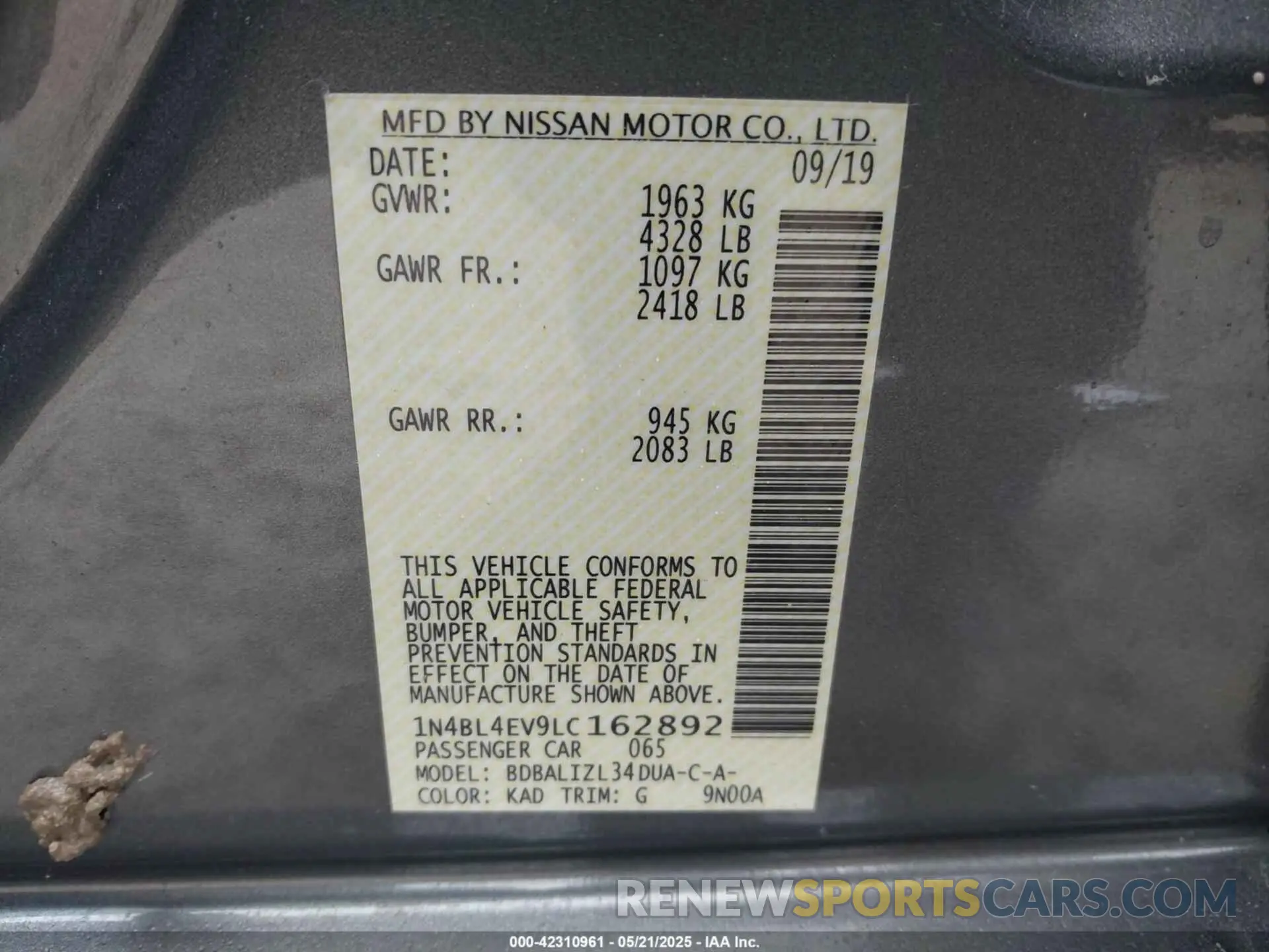 9 Photograph of a damaged car 1N4BL4EV9LC162892 NISSAN ALTIMA 2020