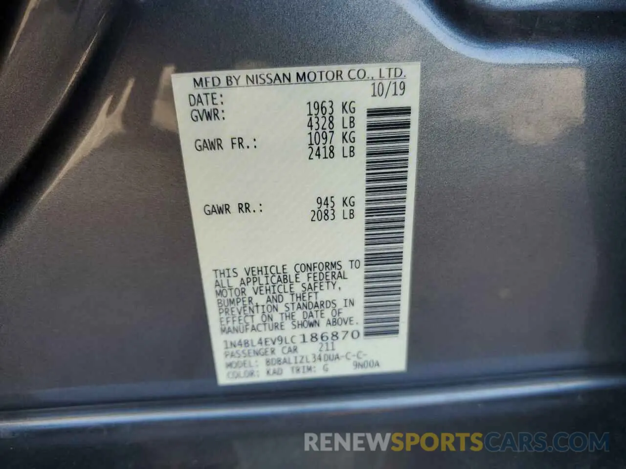 12 Photograph of a damaged car 1N4BL4EV9LC186870 NISSAN ALTIMA 2020