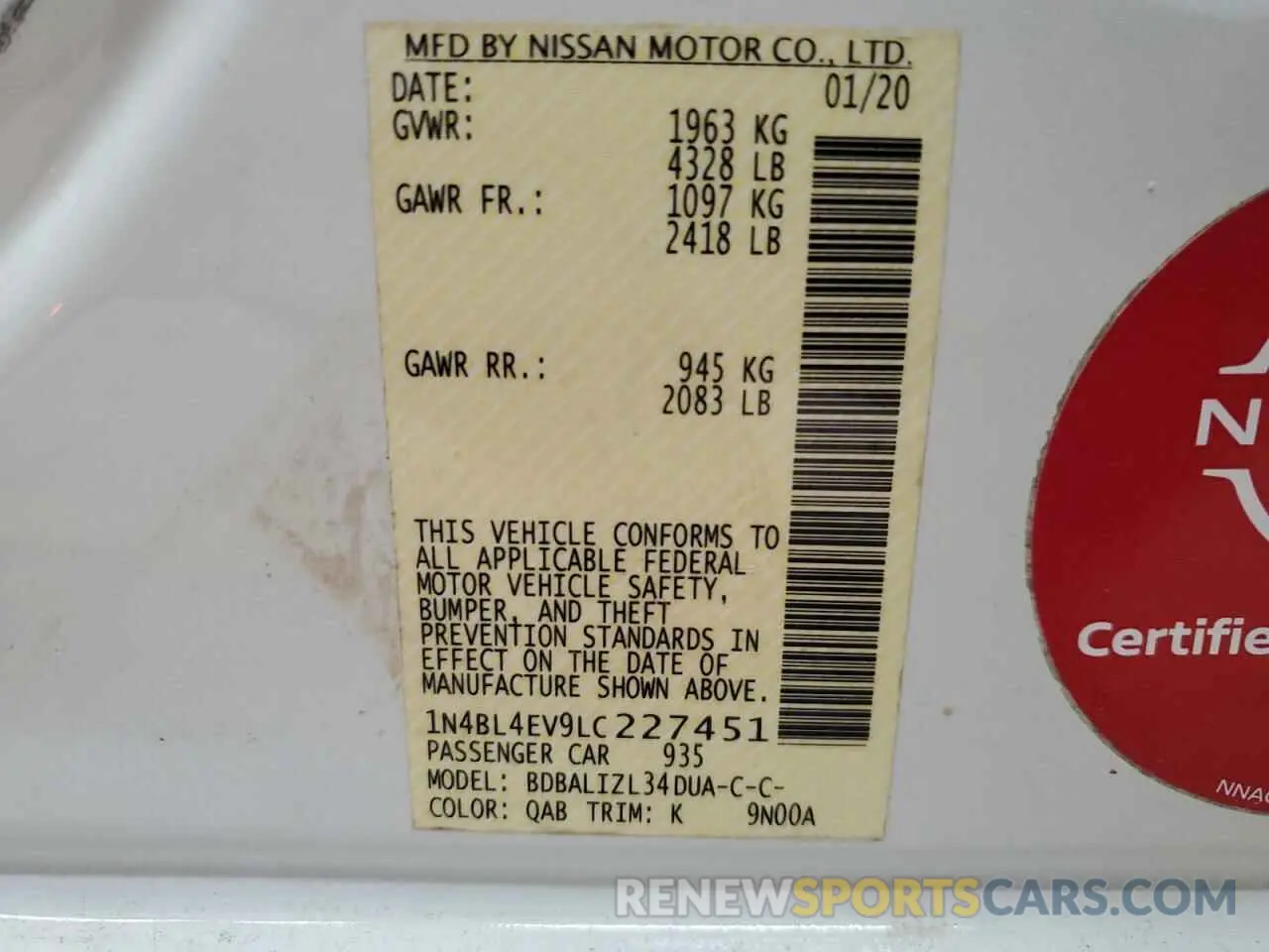 12 Photograph of a damaged car 1N4BL4EV9LC227451 NISSAN ALTIMA 2020