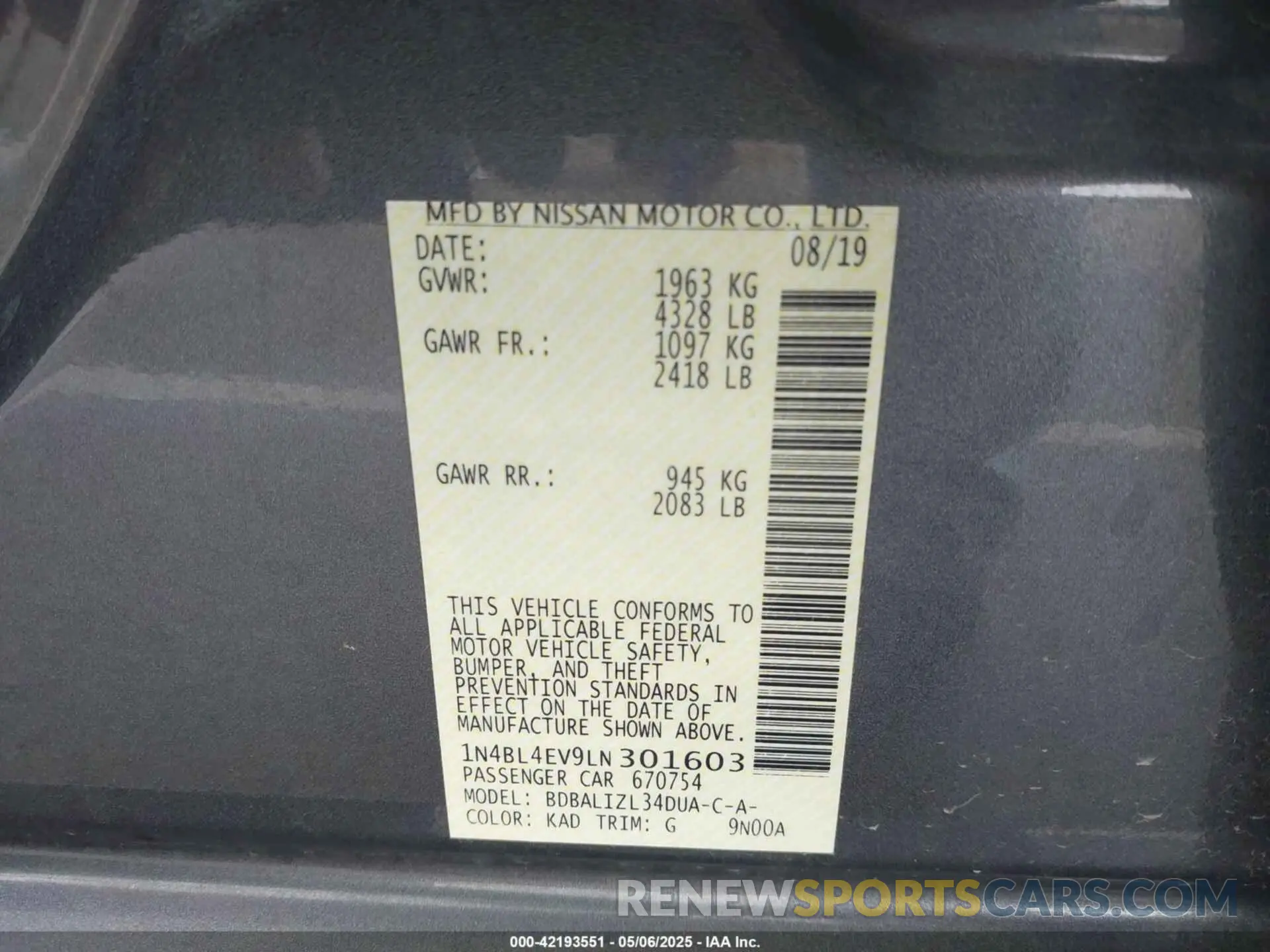 9 Photograph of a damaged car 1N4BL4EV9LN301603 NISSAN ALTIMA 2020