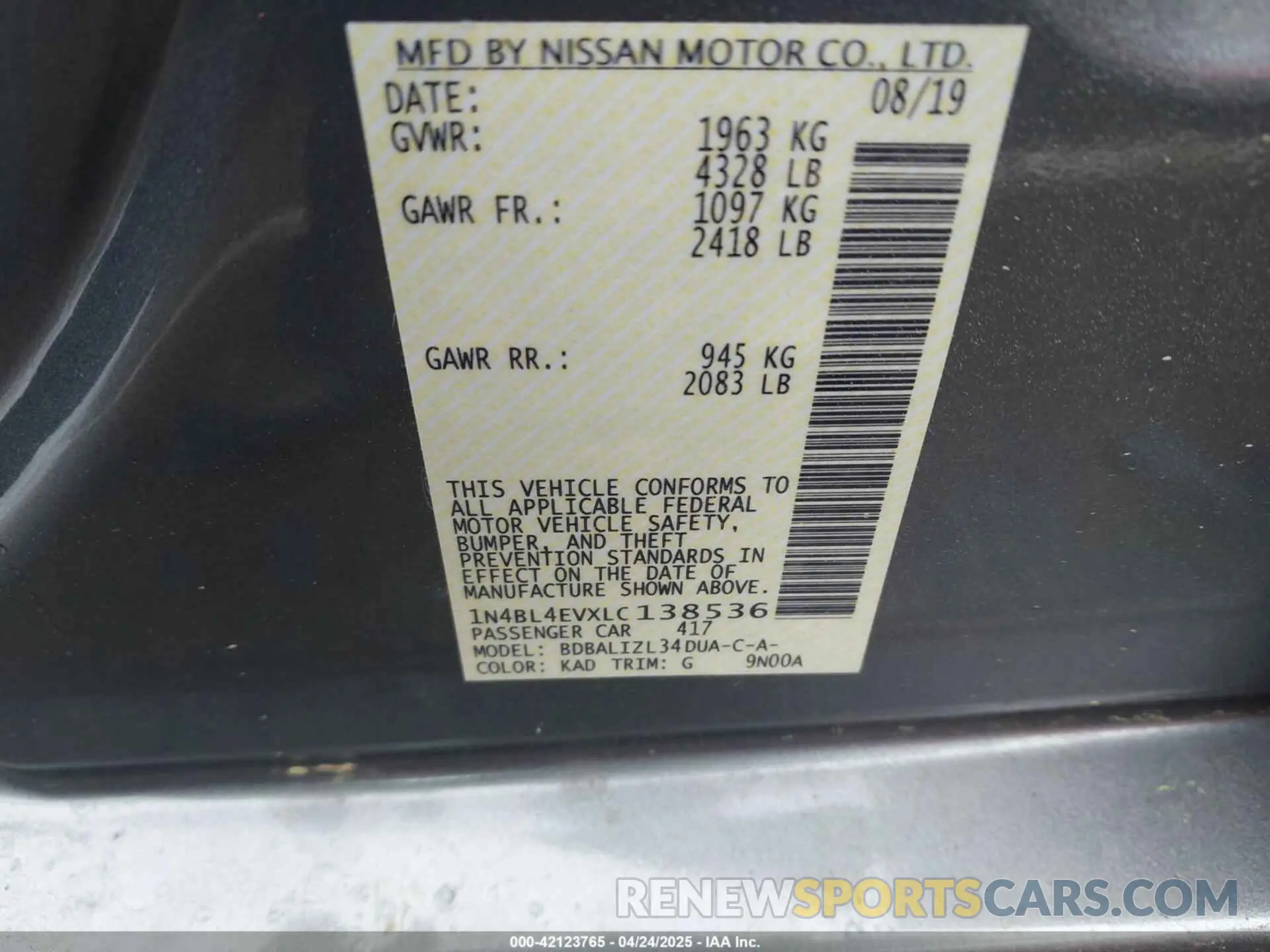 9 Photograph of a damaged car 1N4BL4EVXLC138536 NISSAN ALTIMA 2020