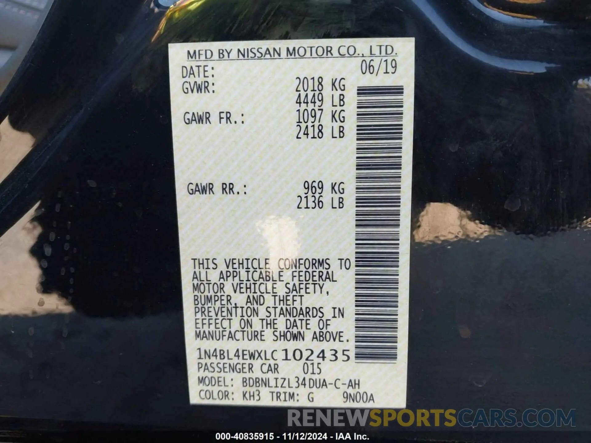 9 Photograph of a damaged car 1N4BL4EWXLC102435 NISSAN ALTIMA 2020