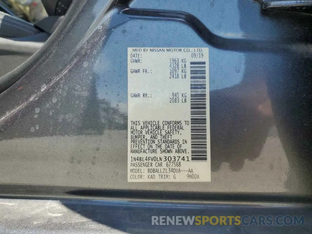 12 Photograph of a damaged car 1N4BL4FV0LN303741 NISSAN ALTIMA 2020