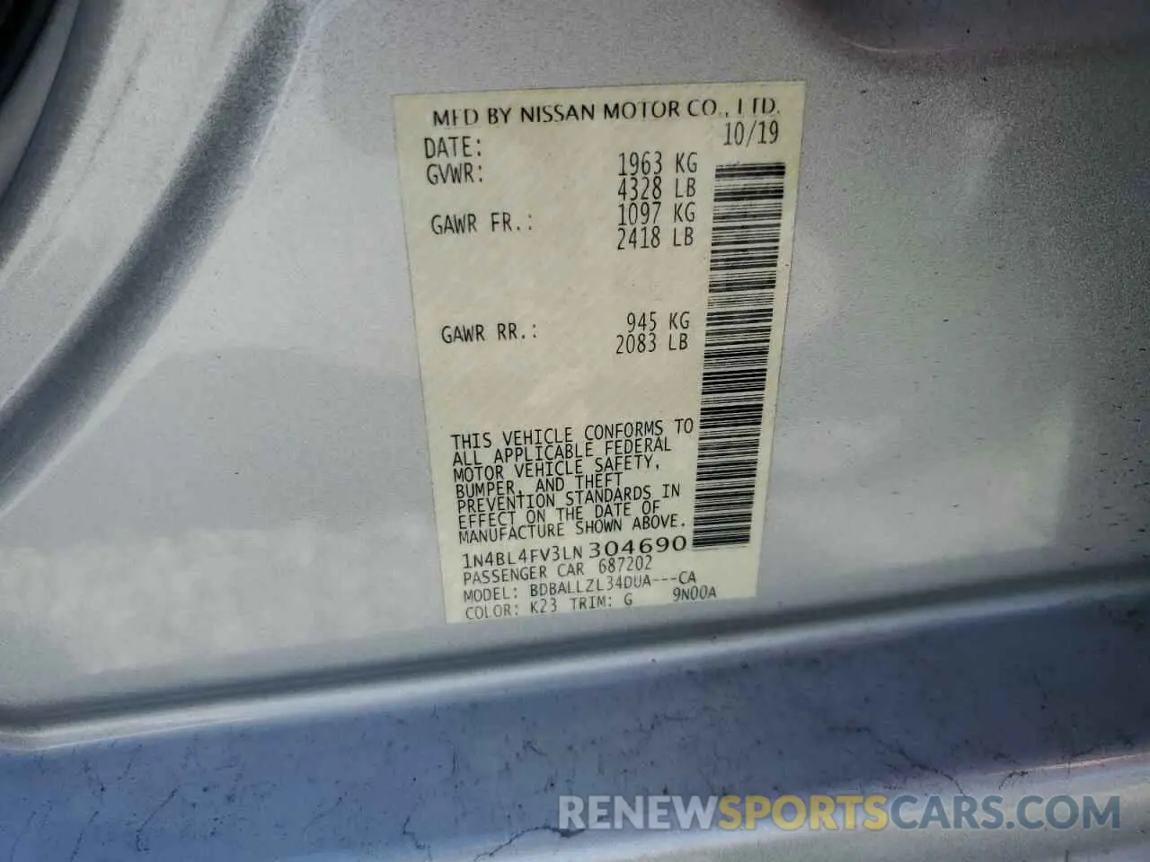 12 Photograph of a damaged car 1N4BL4FV3LN304690 NISSAN ALTIMA 2020