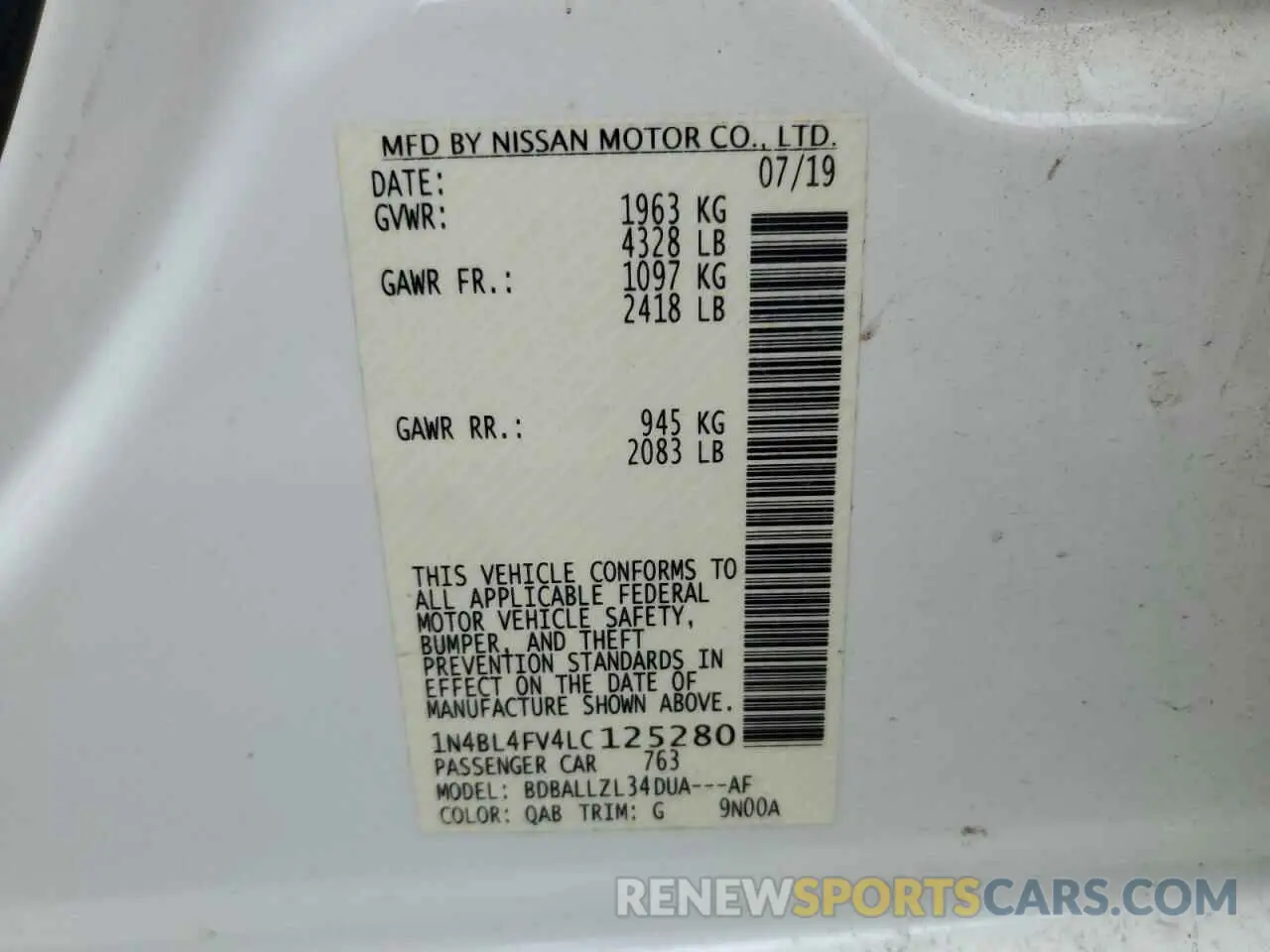 13 Photograph of a damaged car 1N4BL4FV4LC125280 NISSAN ALTIMA 2020