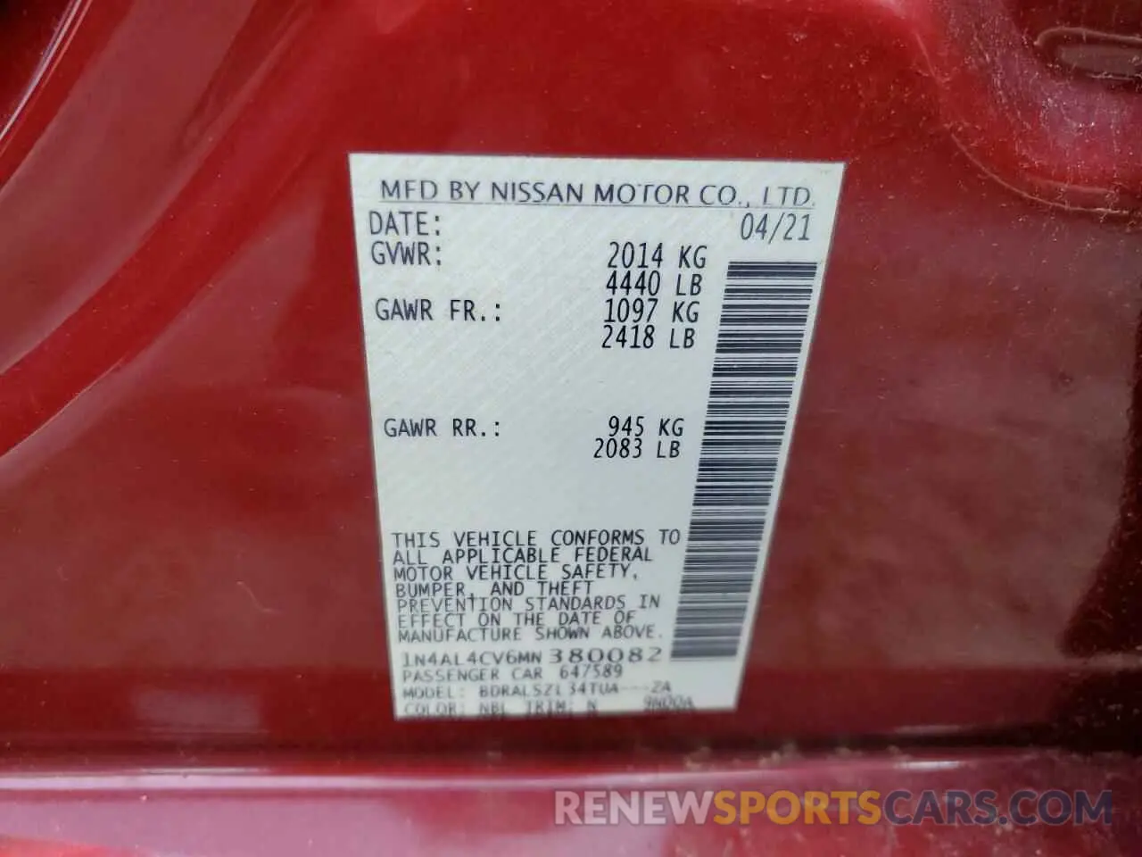 13 Photograph of a damaged car 1N4AL4CV6MN380082 NISSAN ALTIMA 2021