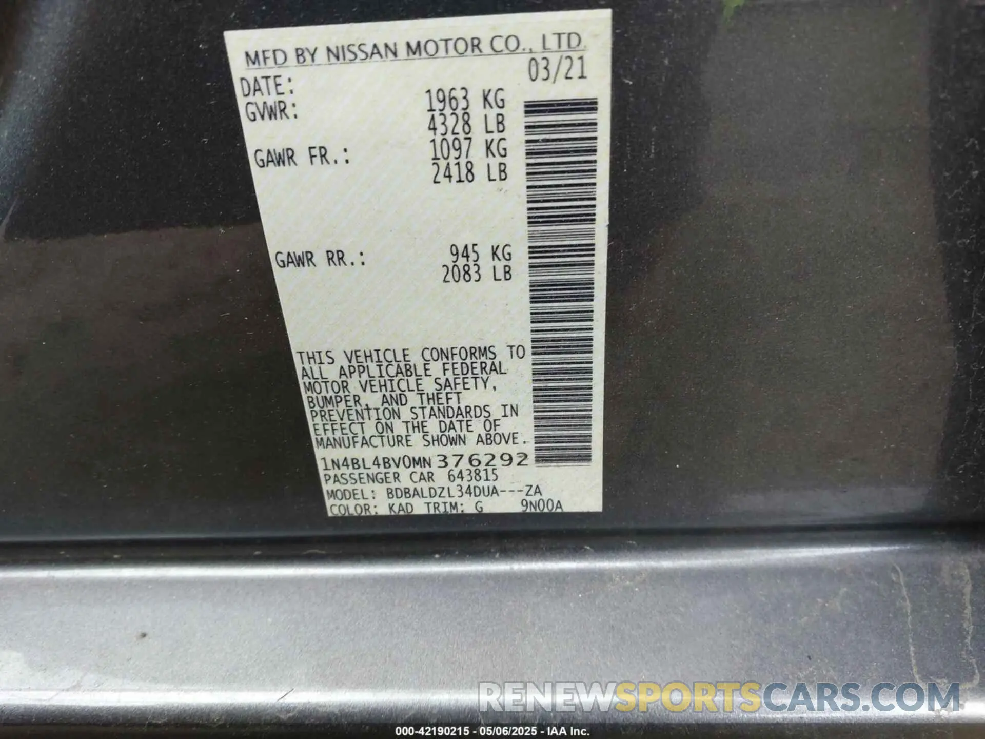 9 Photograph of a damaged car 1N4BL4BV0MN376292 NISSAN ALTIMA 2021