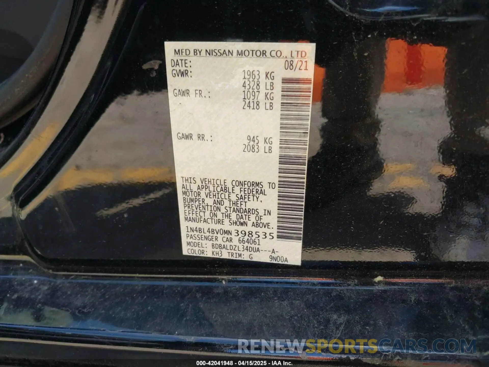 9 Photograph of a damaged car 1N4BL4BV0MN398535 NISSAN ALTIMA 2021