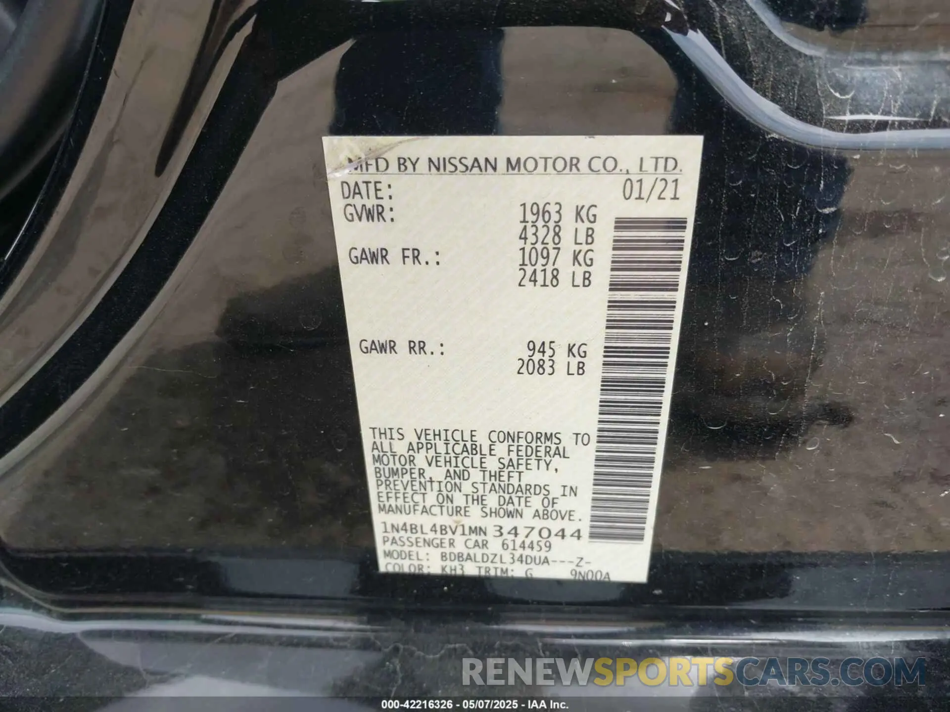 9 Photograph of a damaged car 1N4BL4BV1MN347044 NISSAN ALTIMA 2021