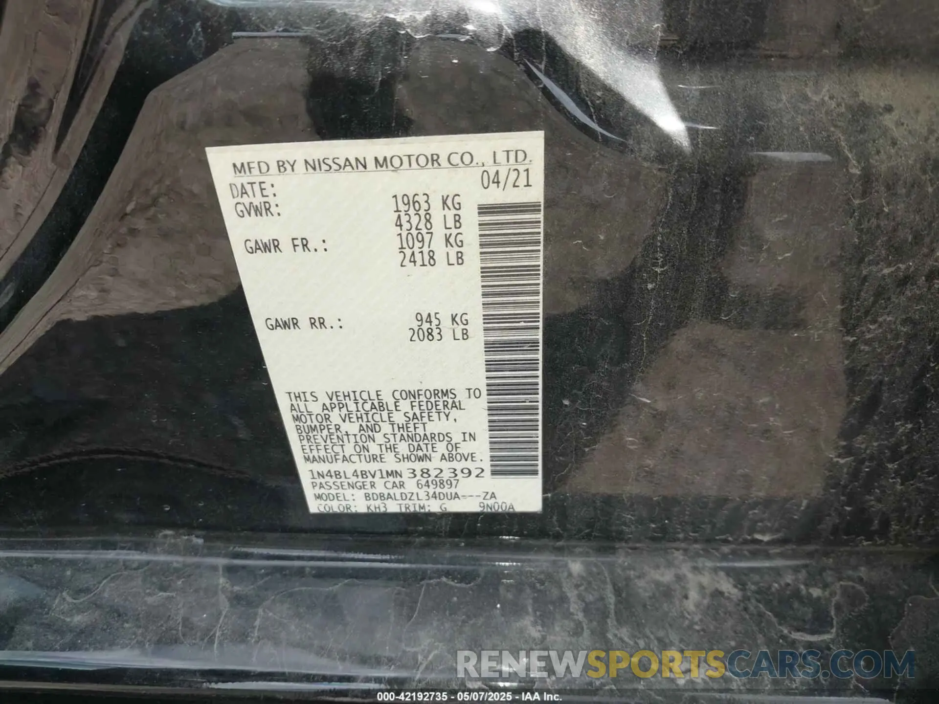 9 Photograph of a damaged car 1N4BL4BV1MN382392 NISSAN ALTIMA 2021