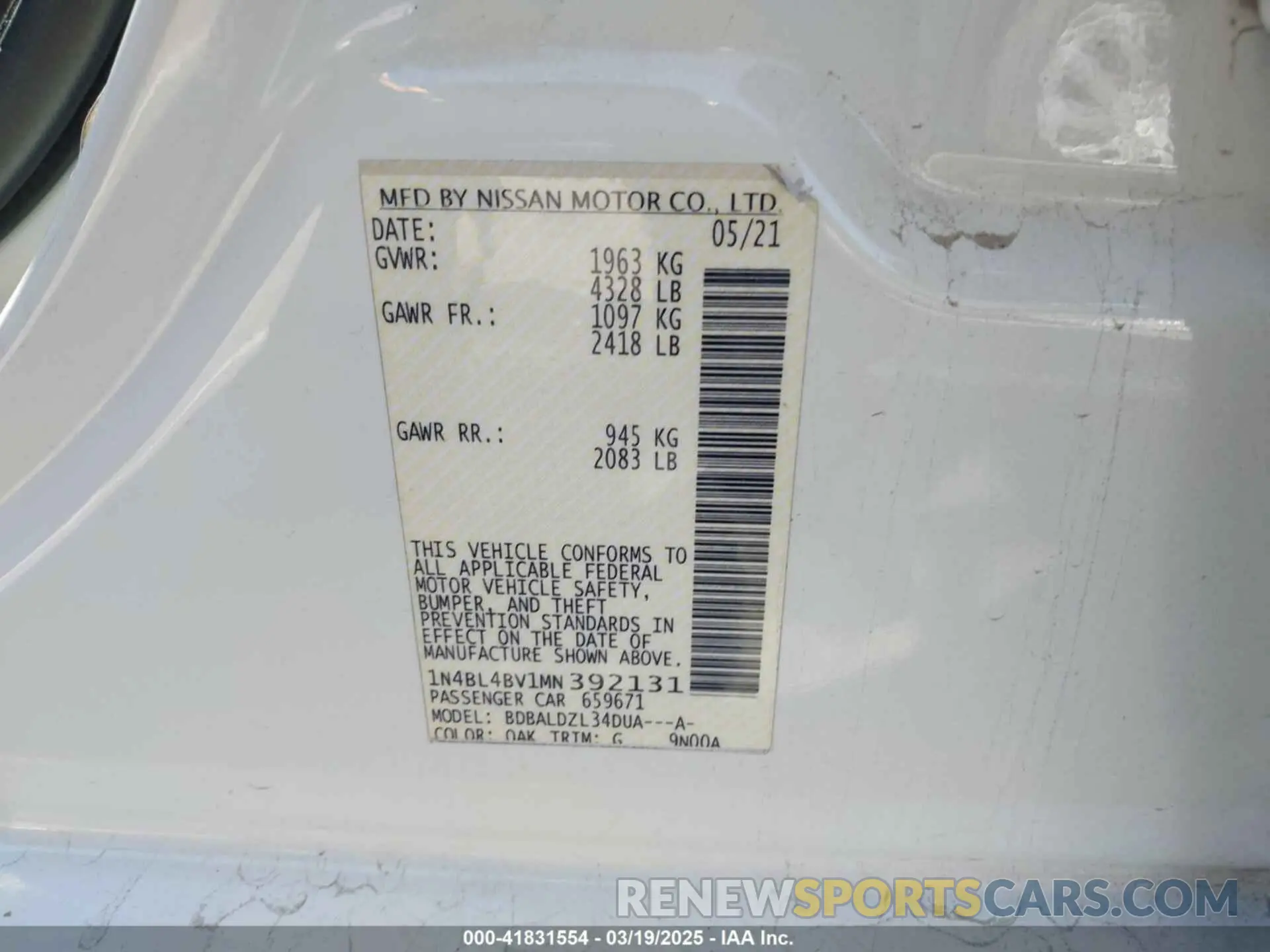 9 Photograph of a damaged car 1N4BL4BV1MN392131 NISSAN ALTIMA 2021