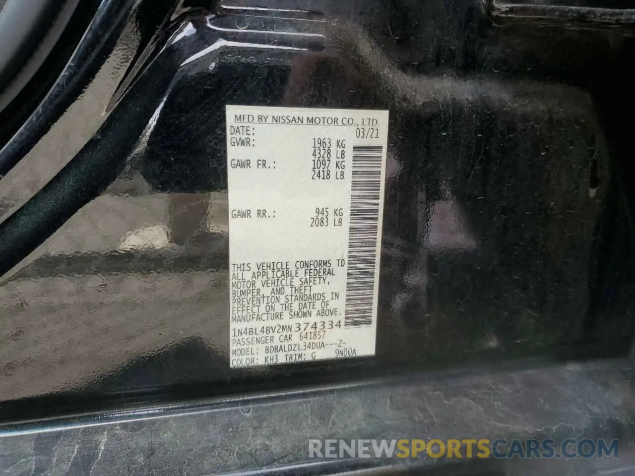 12 Photograph of a damaged car 1N4BL4BV2MN374334 NISSAN ALTIMA 2021