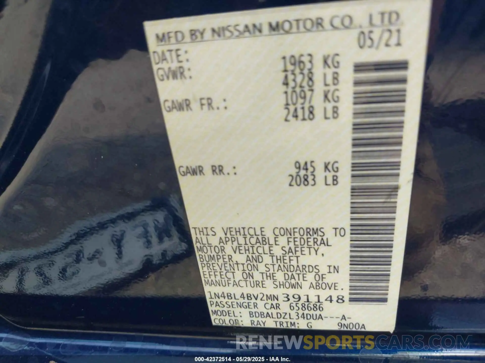 9 Photograph of a damaged car 1N4BL4BV2MN391148 NISSAN ALTIMA 2021
