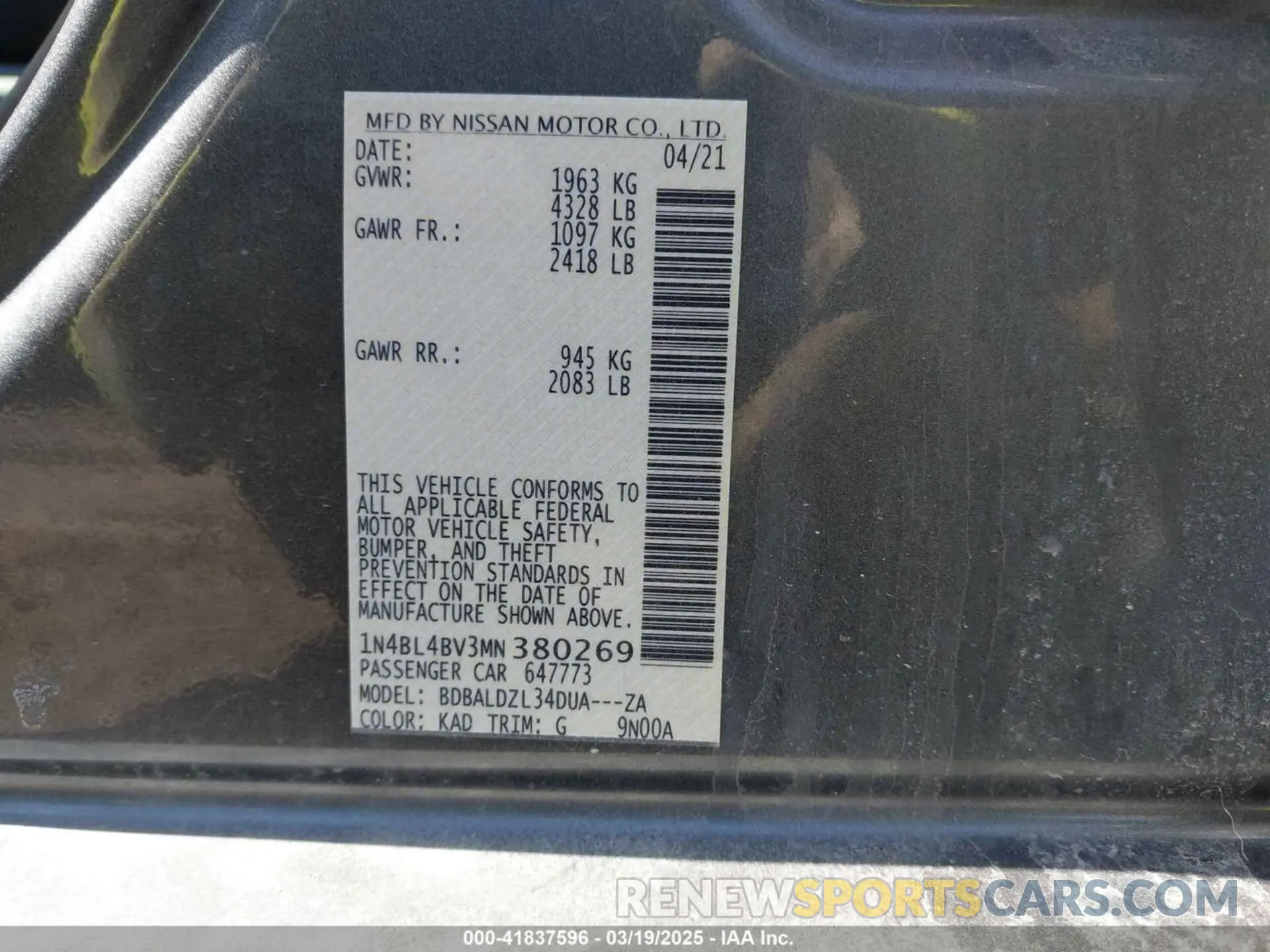 9 Photograph of a damaged car 1N4BL4BV3MN380269 NISSAN ALTIMA 2021