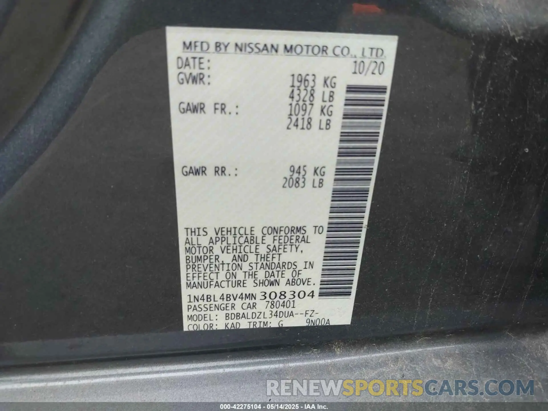 9 Photograph of a damaged car 1N4BL4BV4MN308304 NISSAN ALTIMA 2021