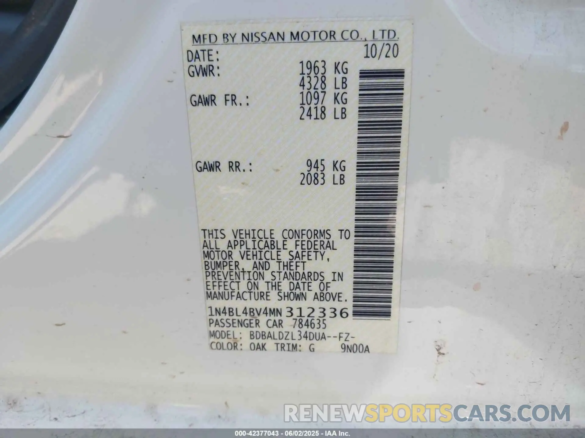 9 Photograph of a damaged car 1N4BL4BV4MN312336 NISSAN ALTIMA 2021