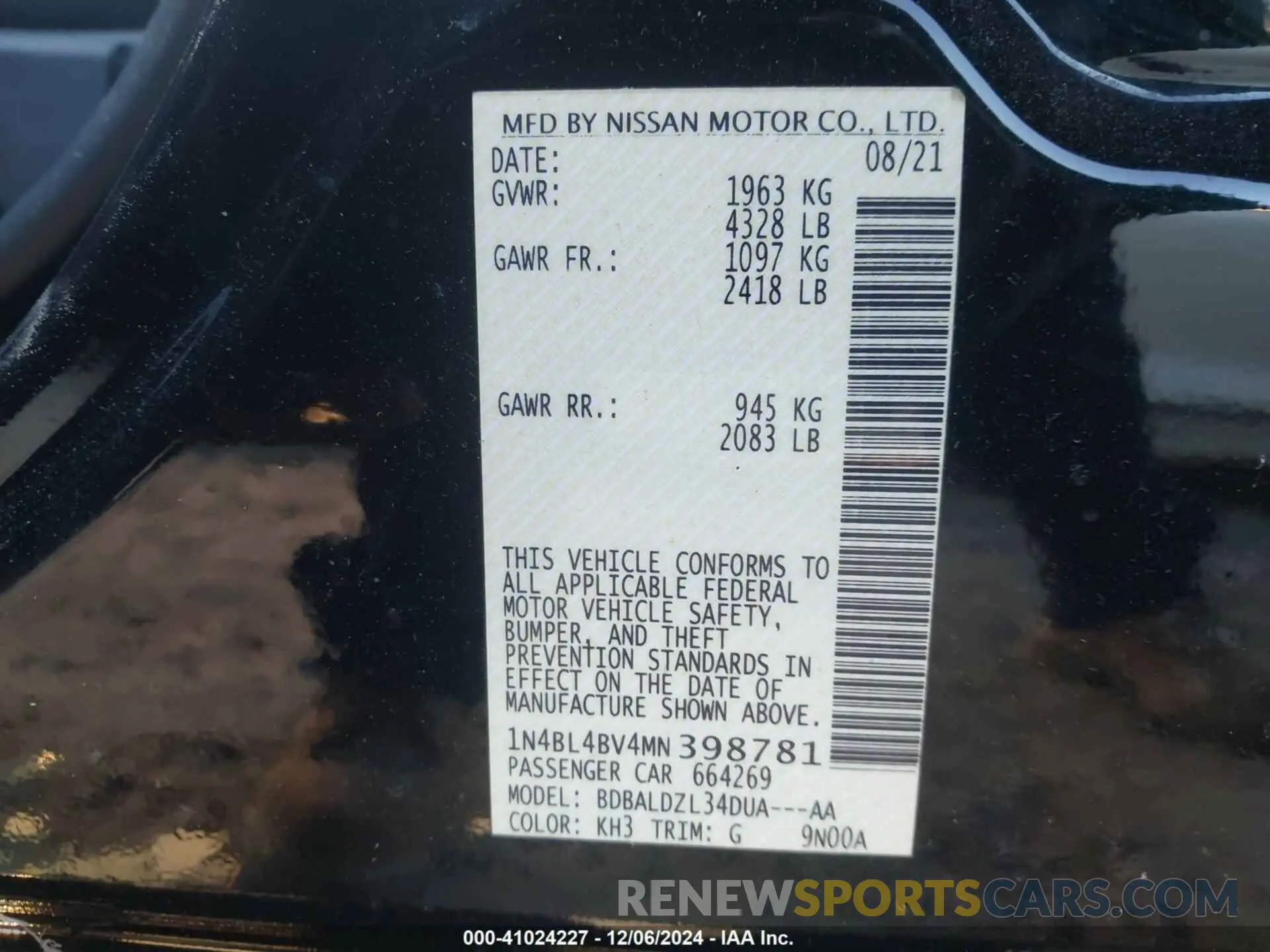 9 Photograph of a damaged car 1N4BL4BV4MN398781 NISSAN ALTIMA 2021