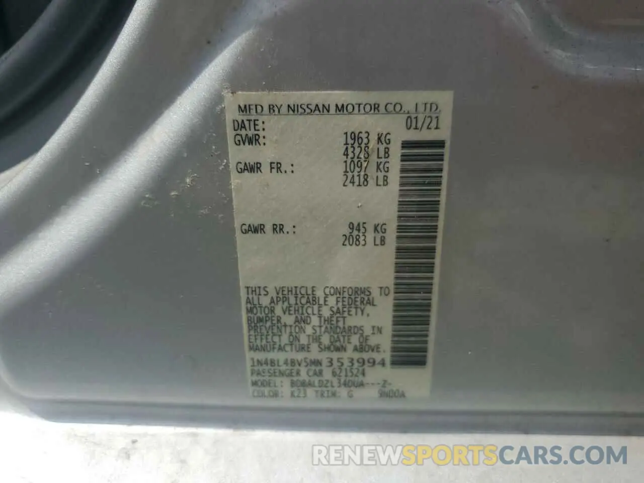 13 Photograph of a damaged car 1N4BL4BV5MN353994 NISSAN ALTIMA 2021