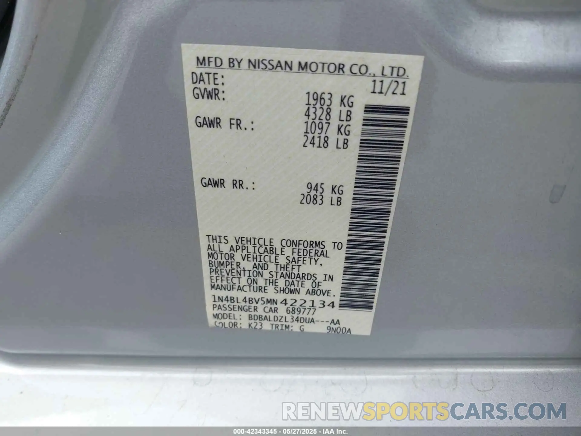 9 Photograph of a damaged car 1N4BL4BV5MN422134 NISSAN ALTIMA 2021