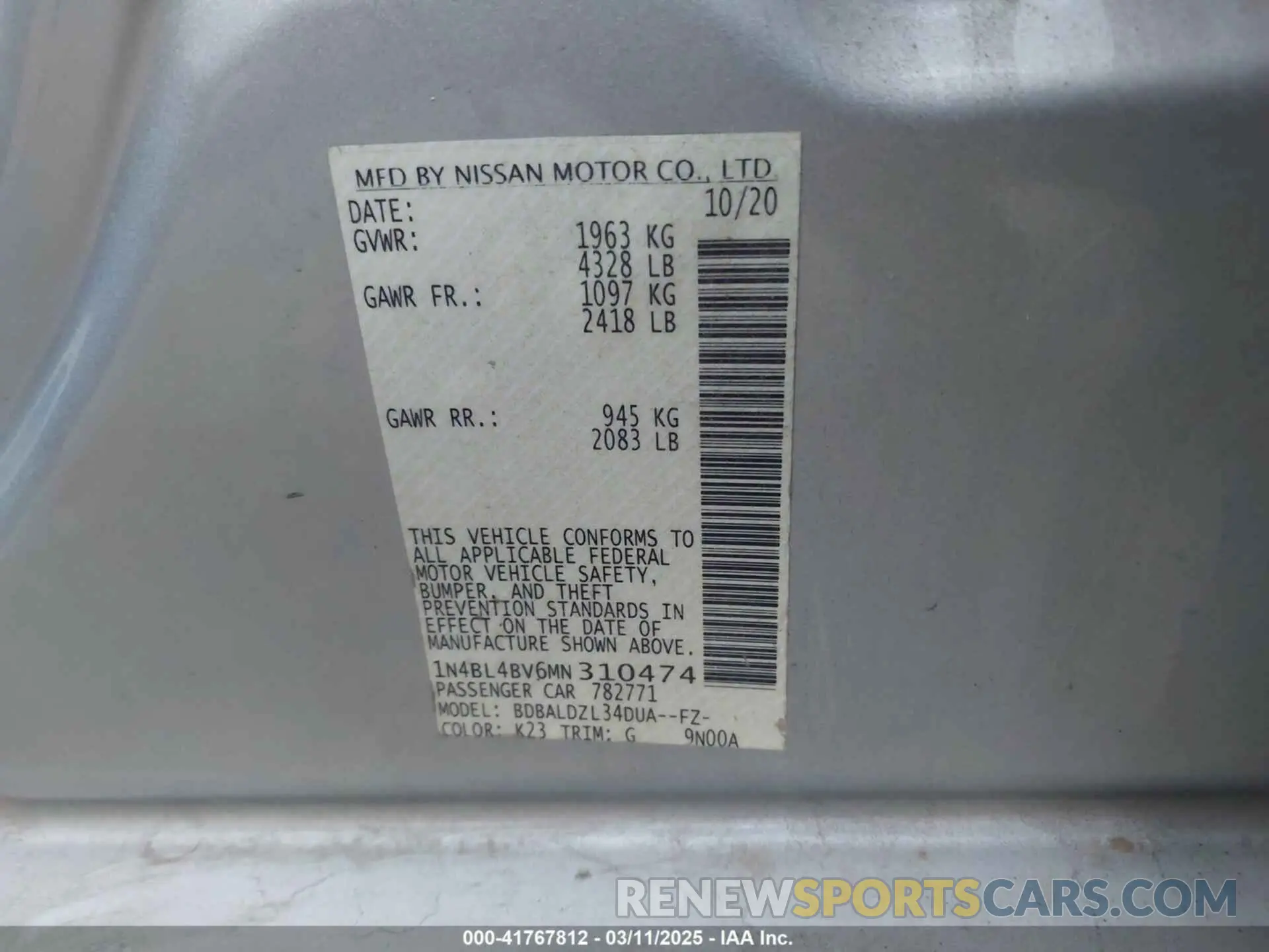 9 Photograph of a damaged car 1N4BL4BV6MN310474 NISSAN ALTIMA 2021
