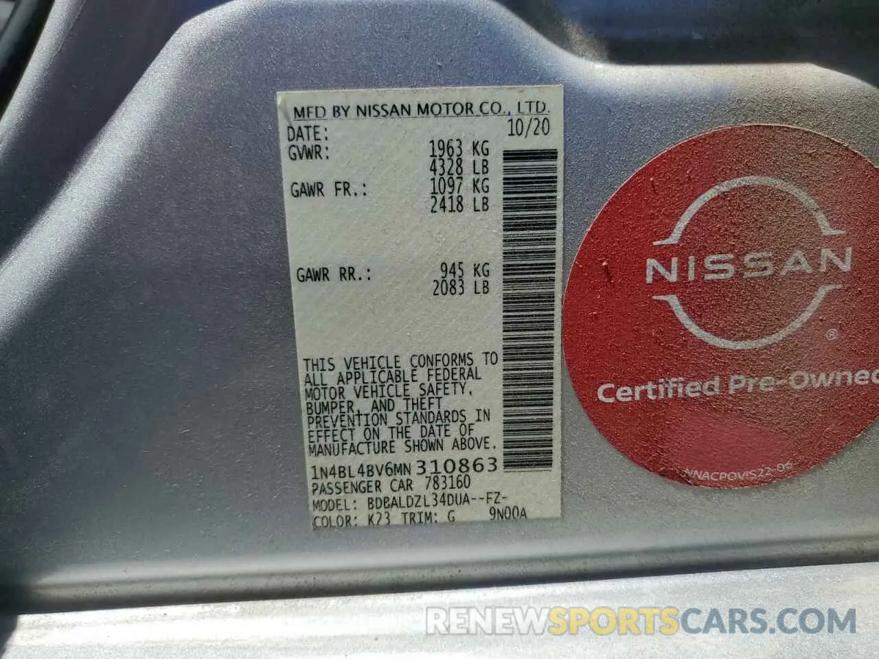 12 Photograph of a damaged car 1N4BL4BV6MN310863 NISSAN ALTIMA 2021