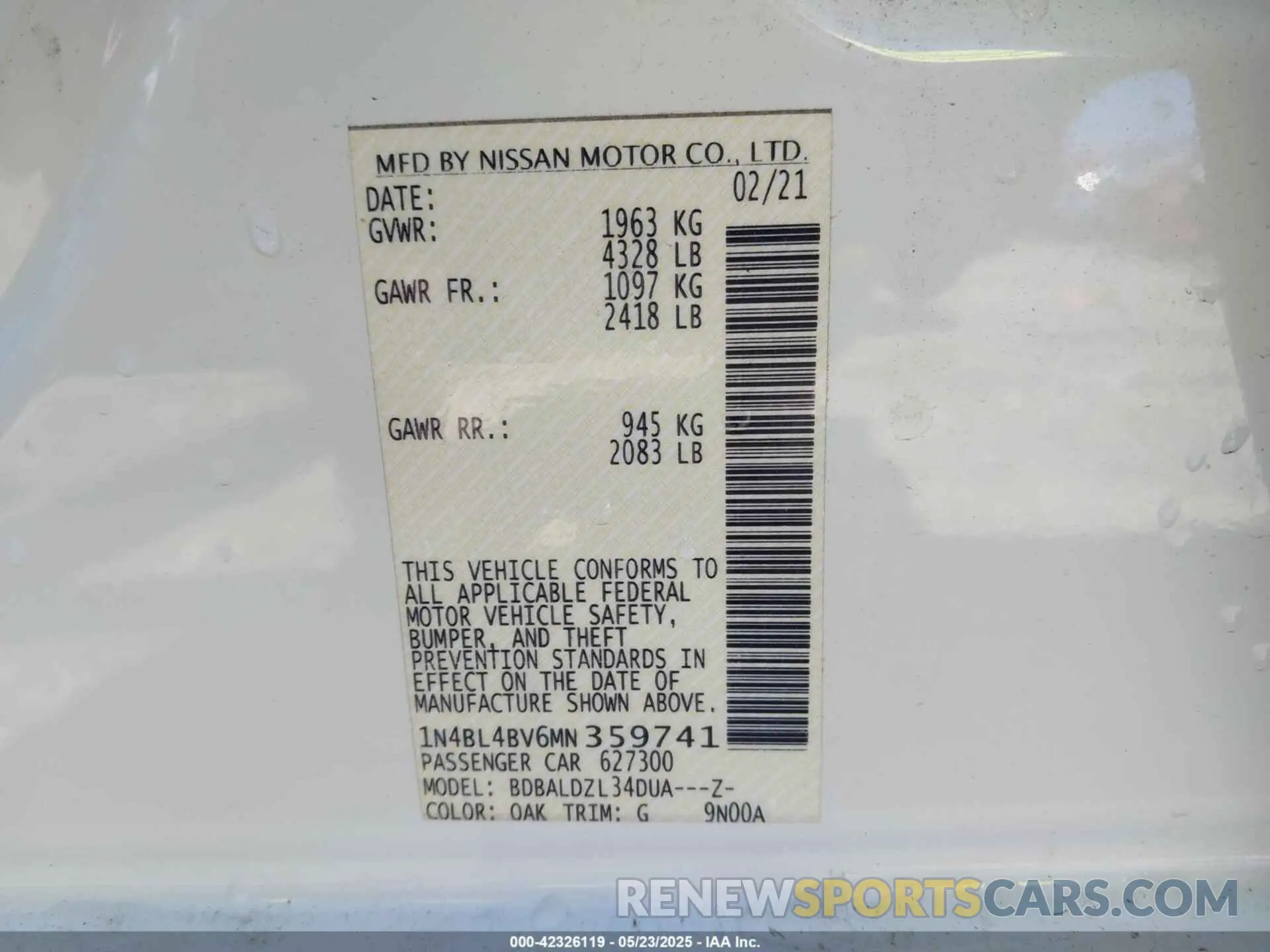 9 Photograph of a damaged car 1N4BL4BV6MN359741 NISSAN ALTIMA 2021