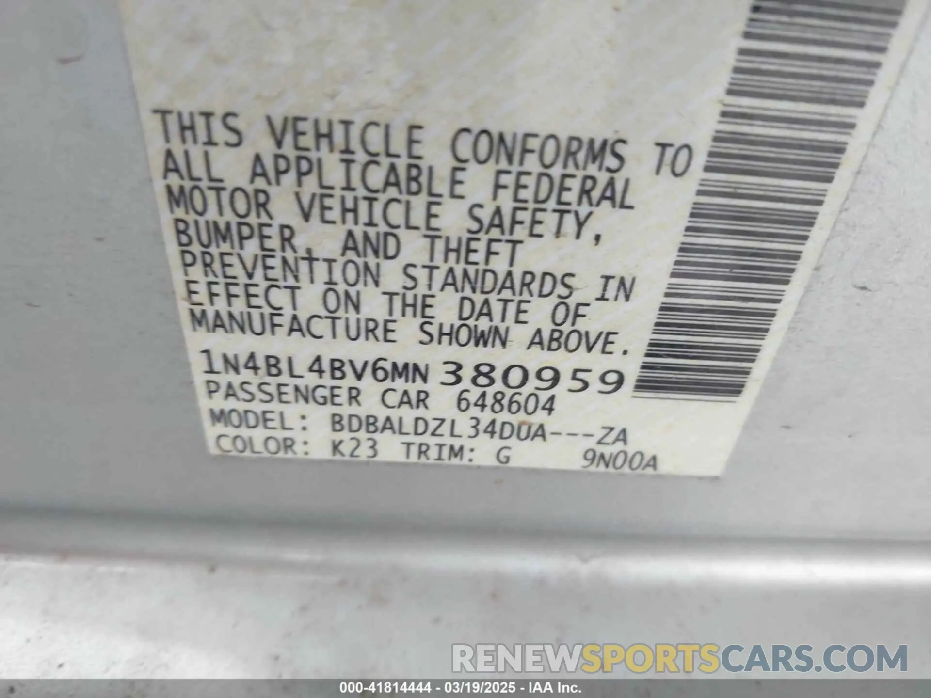 9 Photograph of a damaged car 1N4BL4BV6MN380959 NISSAN ALTIMA 2021