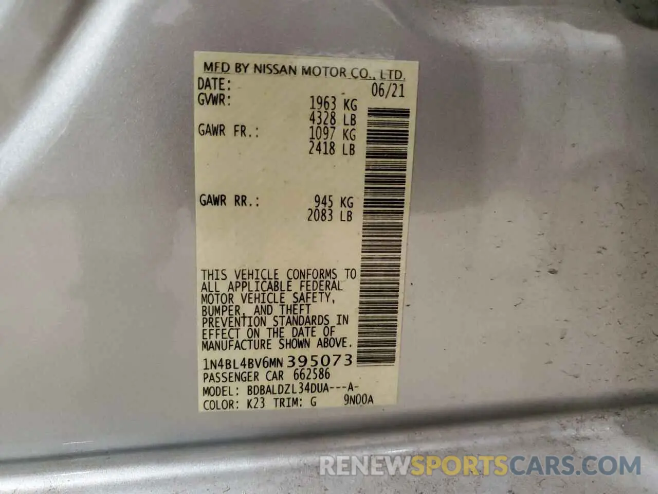 12 Photograph of a damaged car 1N4BL4BV6MN395073 NISSAN ALTIMA 2021