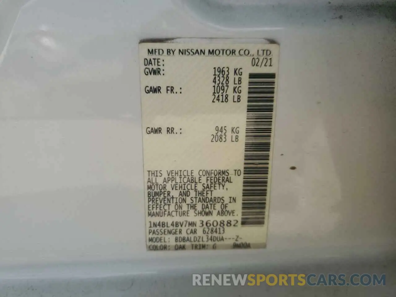 12 Photograph of a damaged car 1N4BL4BV7MN360882 NISSAN ALTIMA 2021
