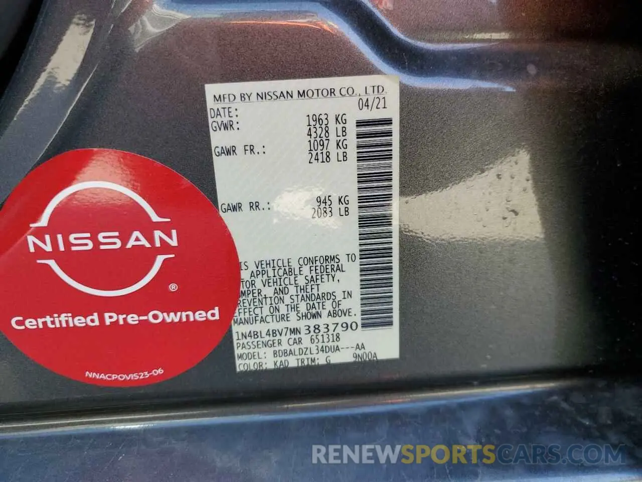 14 Photograph of a damaged car 1N4BL4BV7MN383790 NISSAN ALTIMA 2021