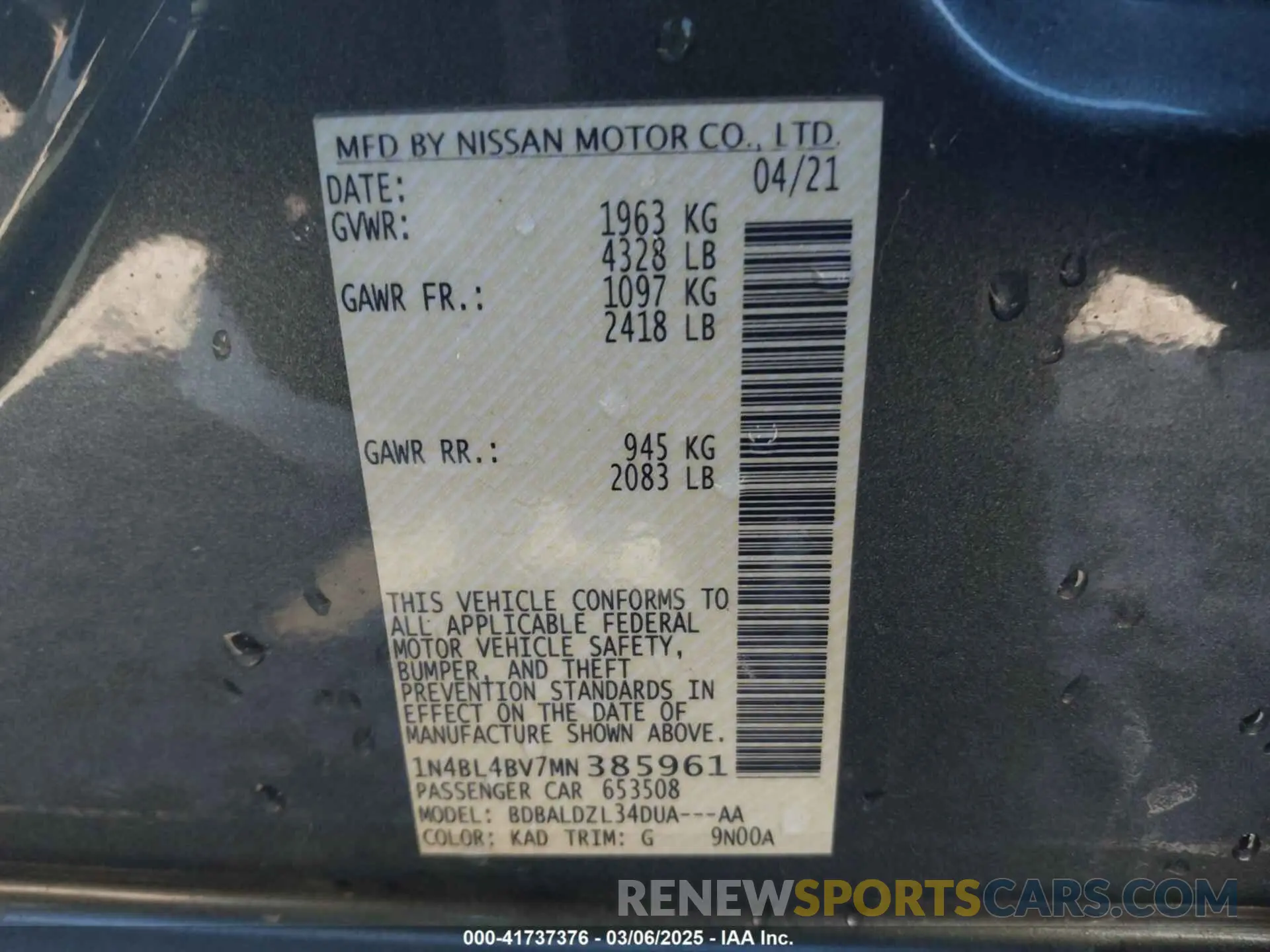 9 Photograph of a damaged car 1N4BL4BV7MN385961 NISSAN ALTIMA 2021