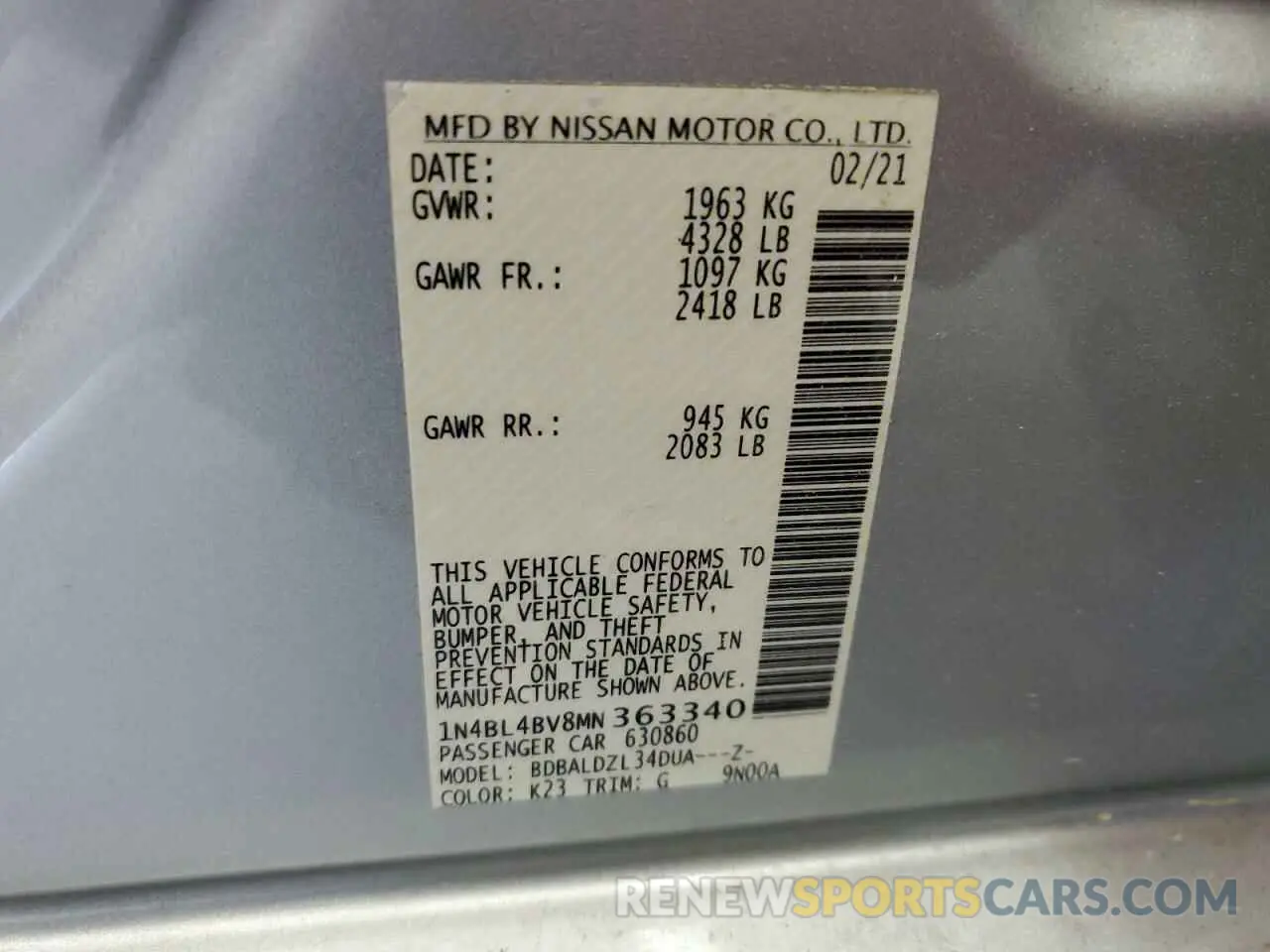 14 Photograph of a damaged car 1N4BL4BV8MN363340 NISSAN ALTIMA 2021