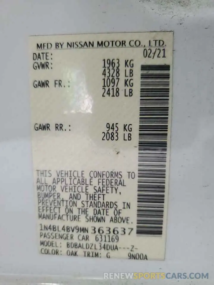 12 Photograph of a damaged car 1N4BL4BV9MN363637 NISSAN ALTIMA 2021