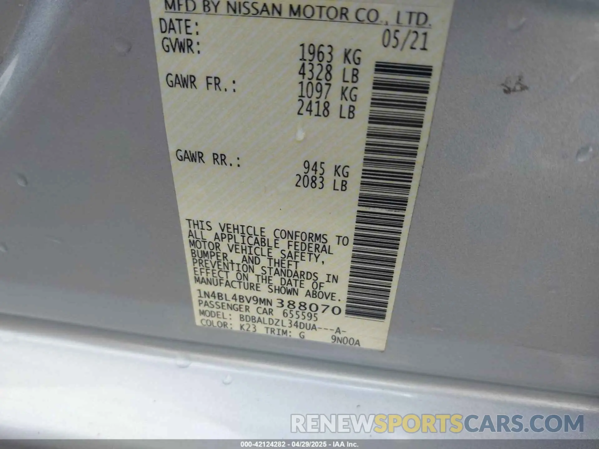 9 Photograph of a damaged car 1N4BL4BV9MN388070 NISSAN ALTIMA 2021