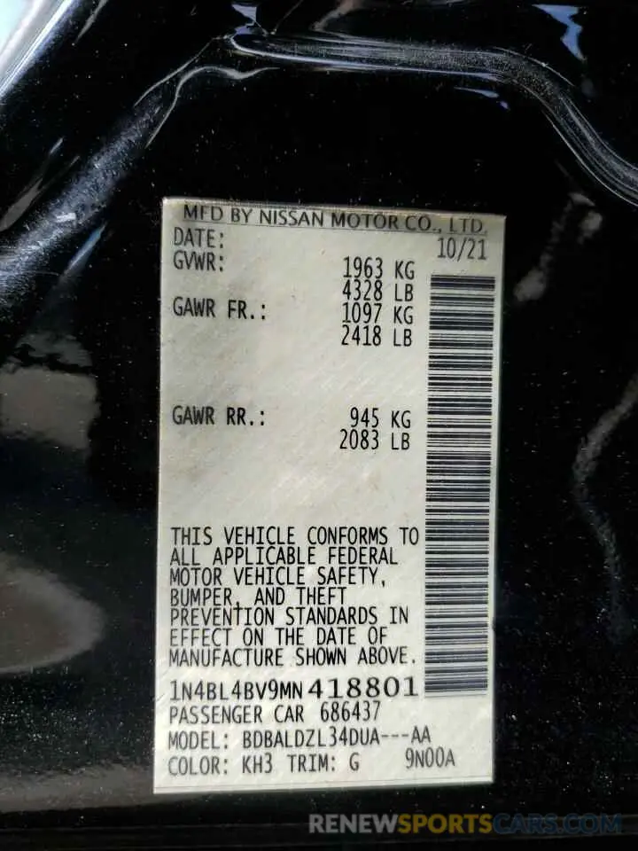 13 Photograph of a damaged car 1N4BL4BV9MN418801 NISSAN ALTIMA 2021