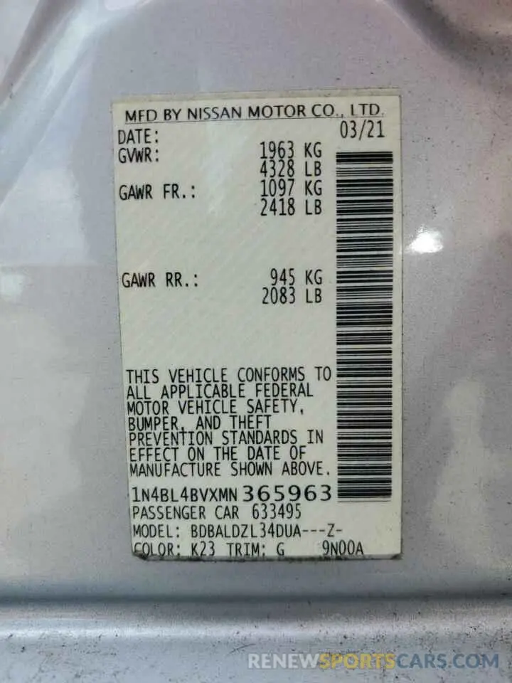 12 Photograph of a damaged car 1N4BL4BVXMN365963 NISSAN ALTIMA 2021
