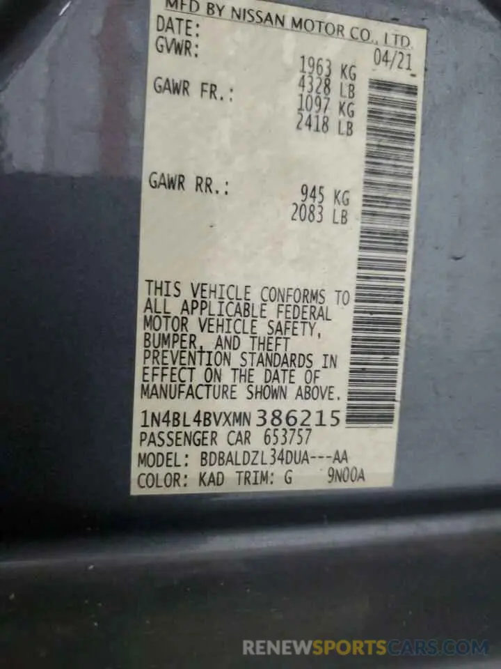 12 Photograph of a damaged car 1N4BL4BVXMN386215 NISSAN ALTIMA 2021