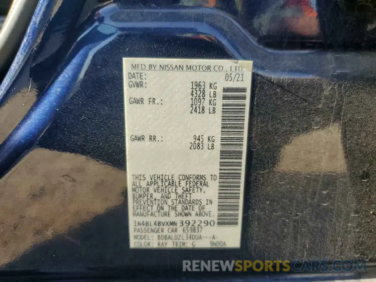 12 Photograph of a damaged car 1N4BL4BVXMN392290 NISSAN ALTIMA 2021