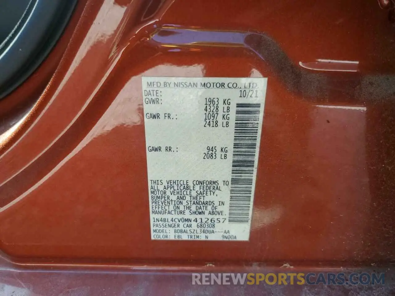 13 Photograph of a damaged car 1N4BL4CV0MN412657 NISSAN ALTIMA 2021