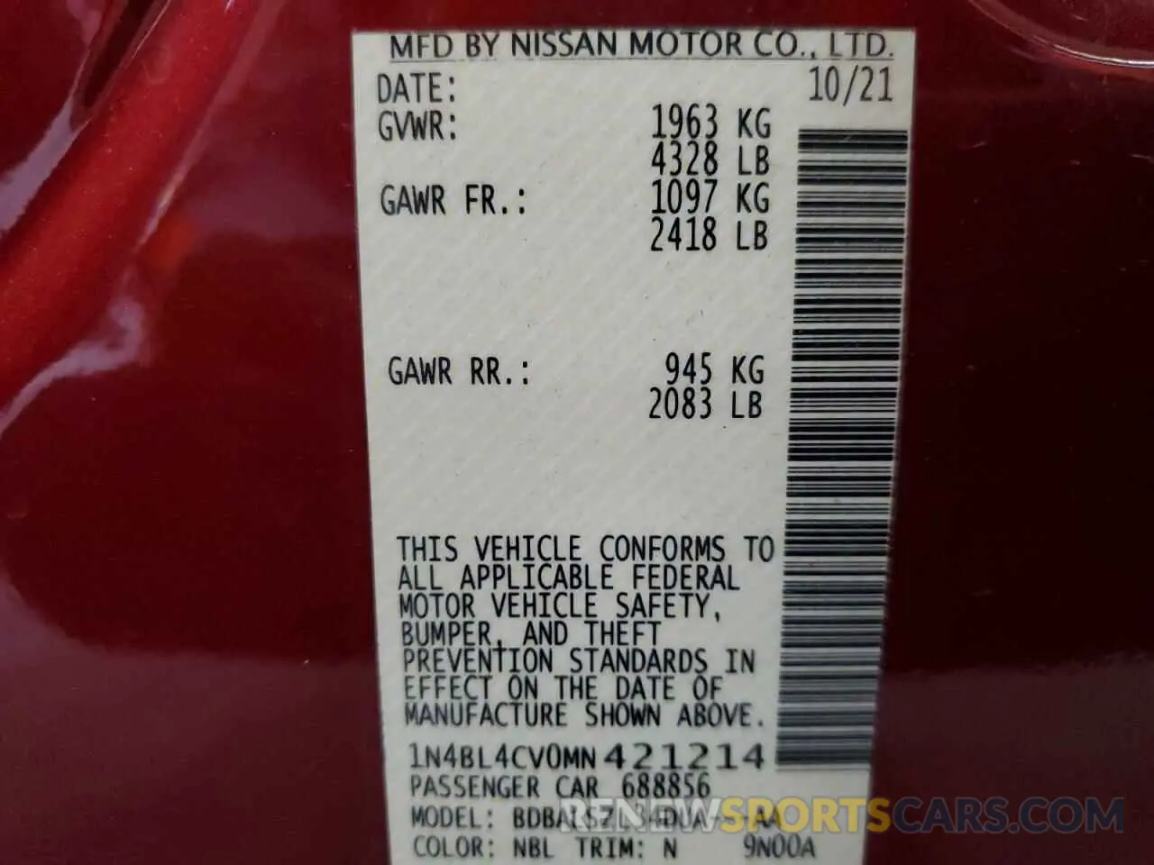 15 Photograph of a damaged car 1N4BL4CV0MN421214 NISSAN ALTIMA 2021