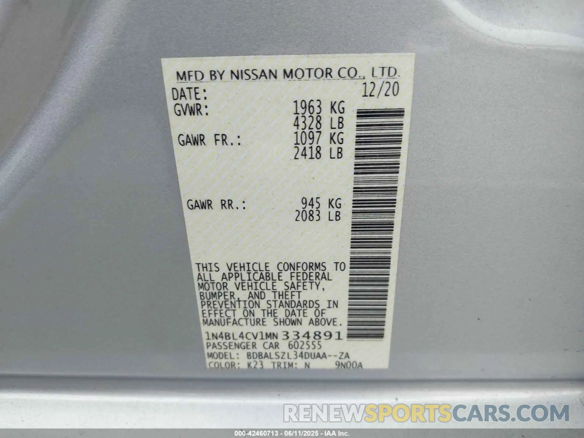 9 Photograph of a damaged car 1N4BL4CV1MN334891 NISSAN ALTIMA 2021