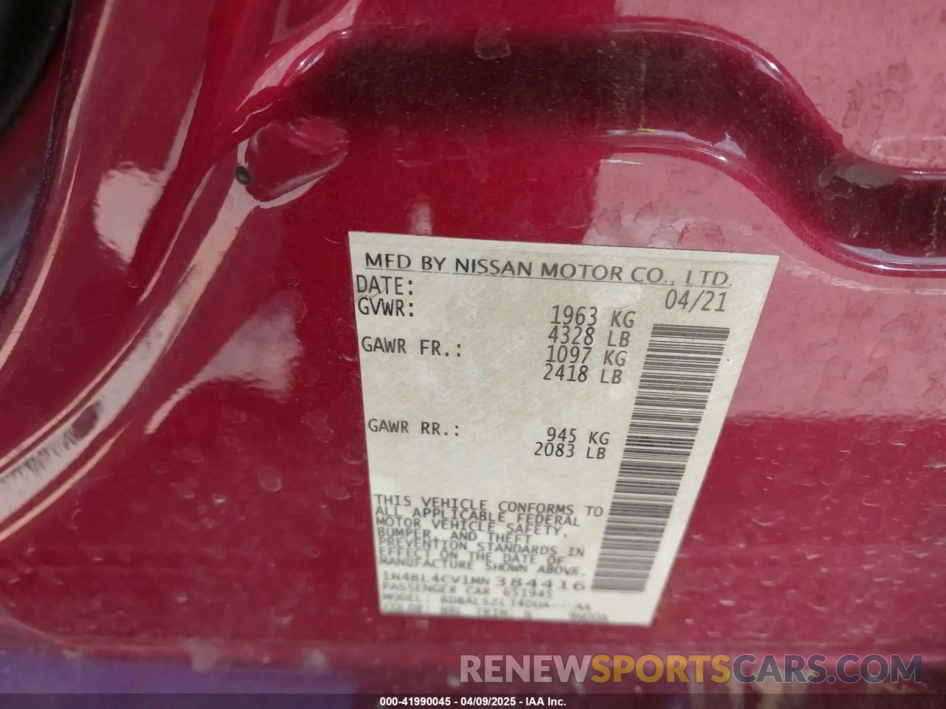9 Photograph of a damaged car 1N4BL4CV1MN384416 NISSAN ALTIMA 2021