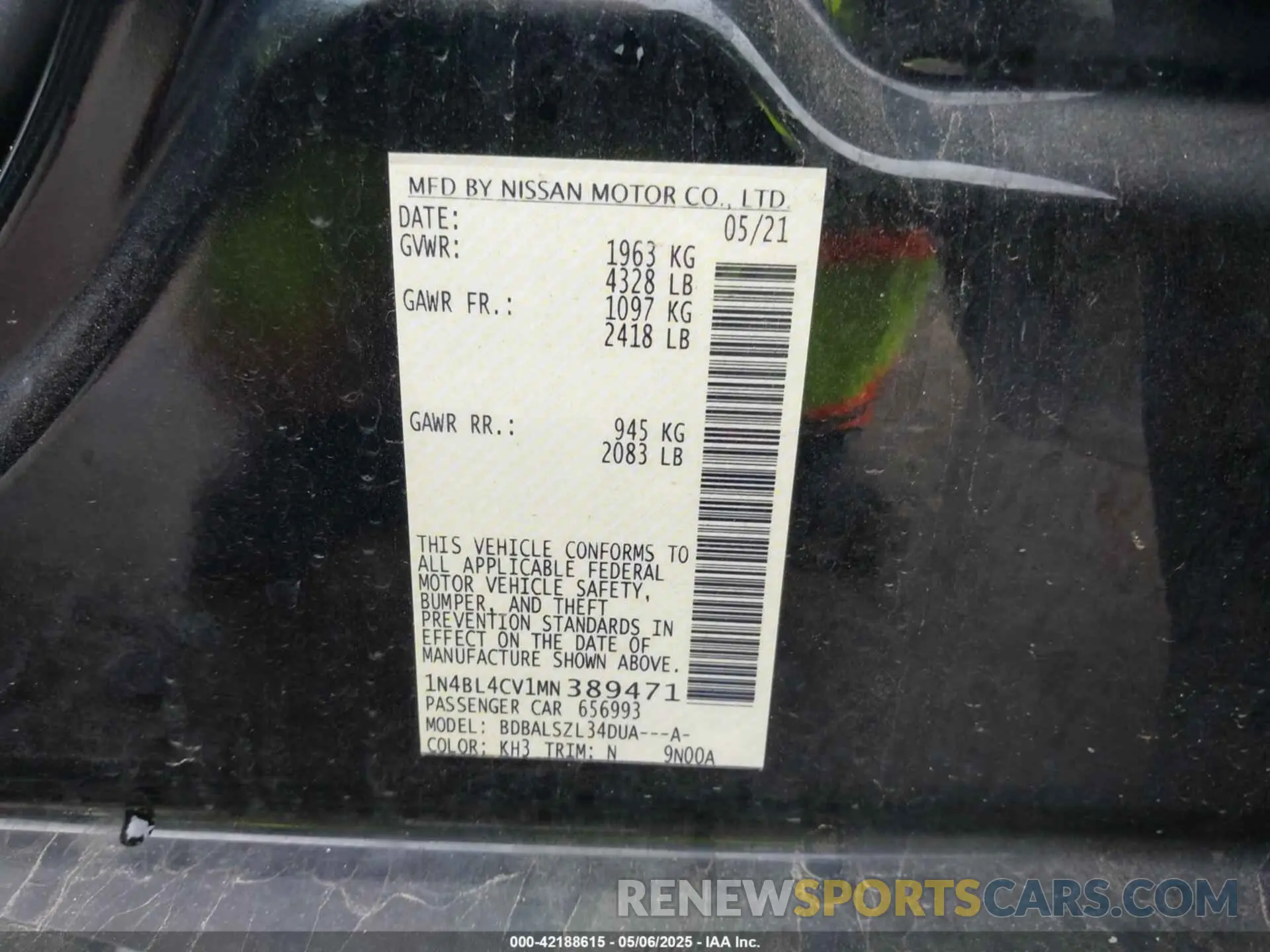 9 Photograph of a damaged car 1N4BL4CV1MN389471 NISSAN ALTIMA 2021